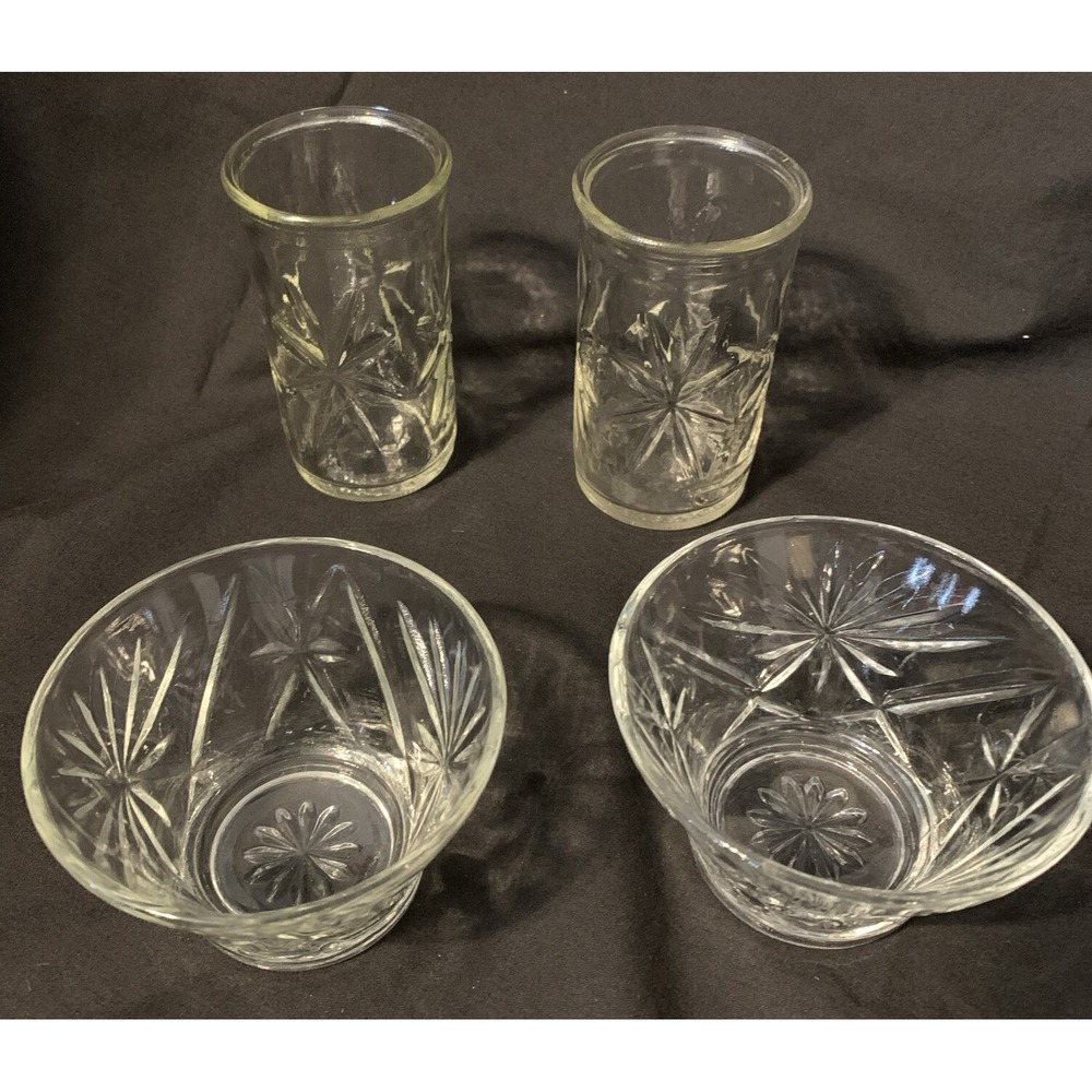 Anchor Hocking Atomic Star Burst Jelly Jar 2 Juice Glass 2 Dessert Cups Vintage